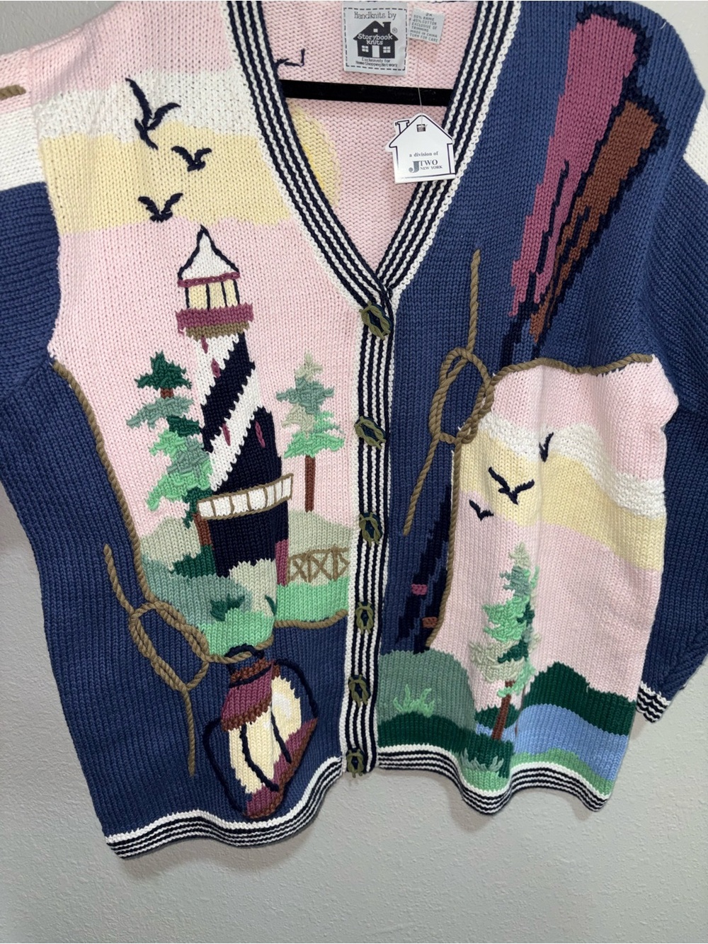 Storybook Knits Coastal Lighthouse Button-Front Cardigan - Blue, Pink & Cream - Picture 3 of 11